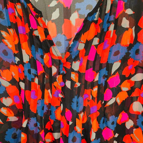 Mercer & Madison Orange Pink Floral V-Neck Long Sleeve Top Blouse M - Picture 3 of 9